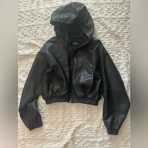 Ashley Outerwear Black Hooded Cropped Faux Leather Jacket